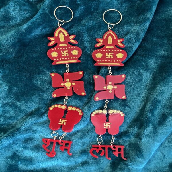Unique Style Hanging Shubh Labh with Swastik and Lakshmi feet in red color