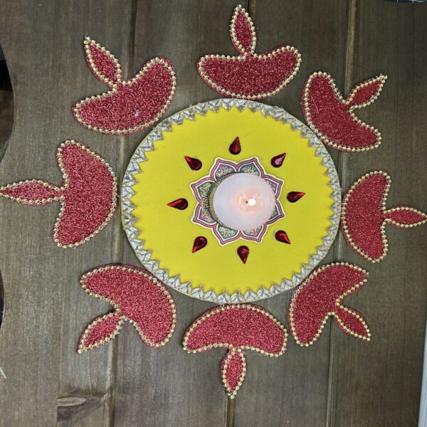 Unique Style of Handmade Rangoli With Diyaas(Yellow & Red)